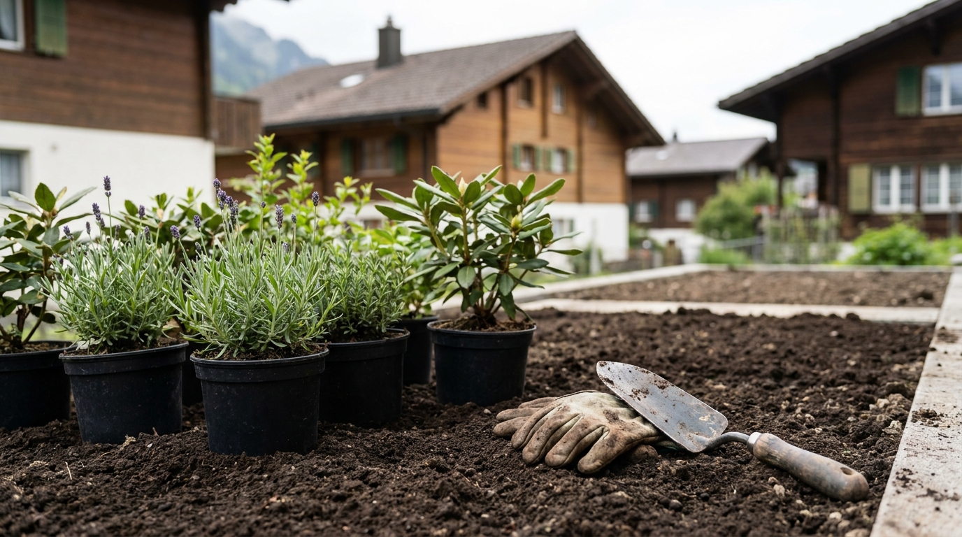 Junge Stauden in Töpfen auf frischer Gartenerde, daneben Pflanzkelle und Gartenhandschuhe