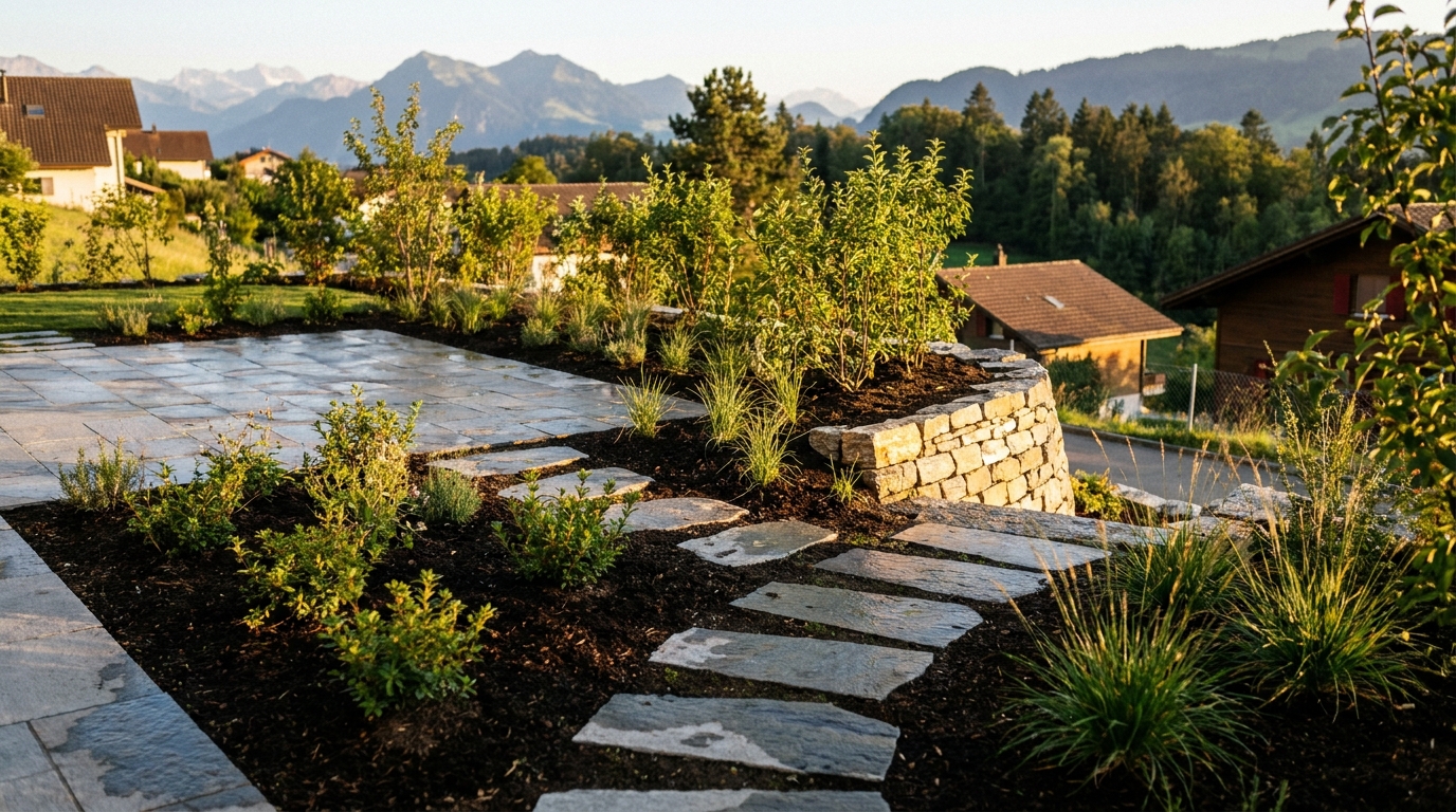 Neu angelegter Gartenbereich mit Natursteinplatten, frischen Pflanzbeeten und jungen Sträuchern