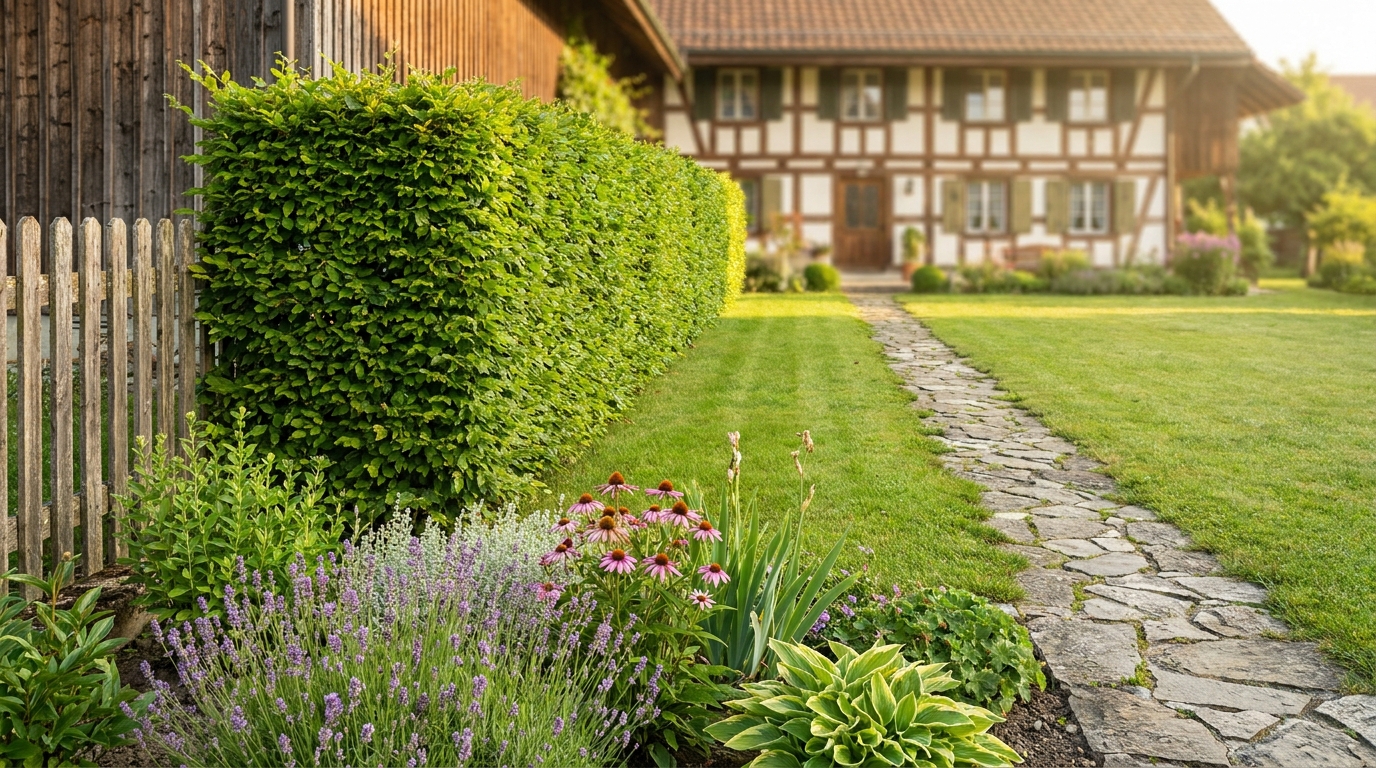 Gepflegter Hausgarten mit frisch geschnittener Hecke, Rasen und Natursteinweg im Morgenlicht