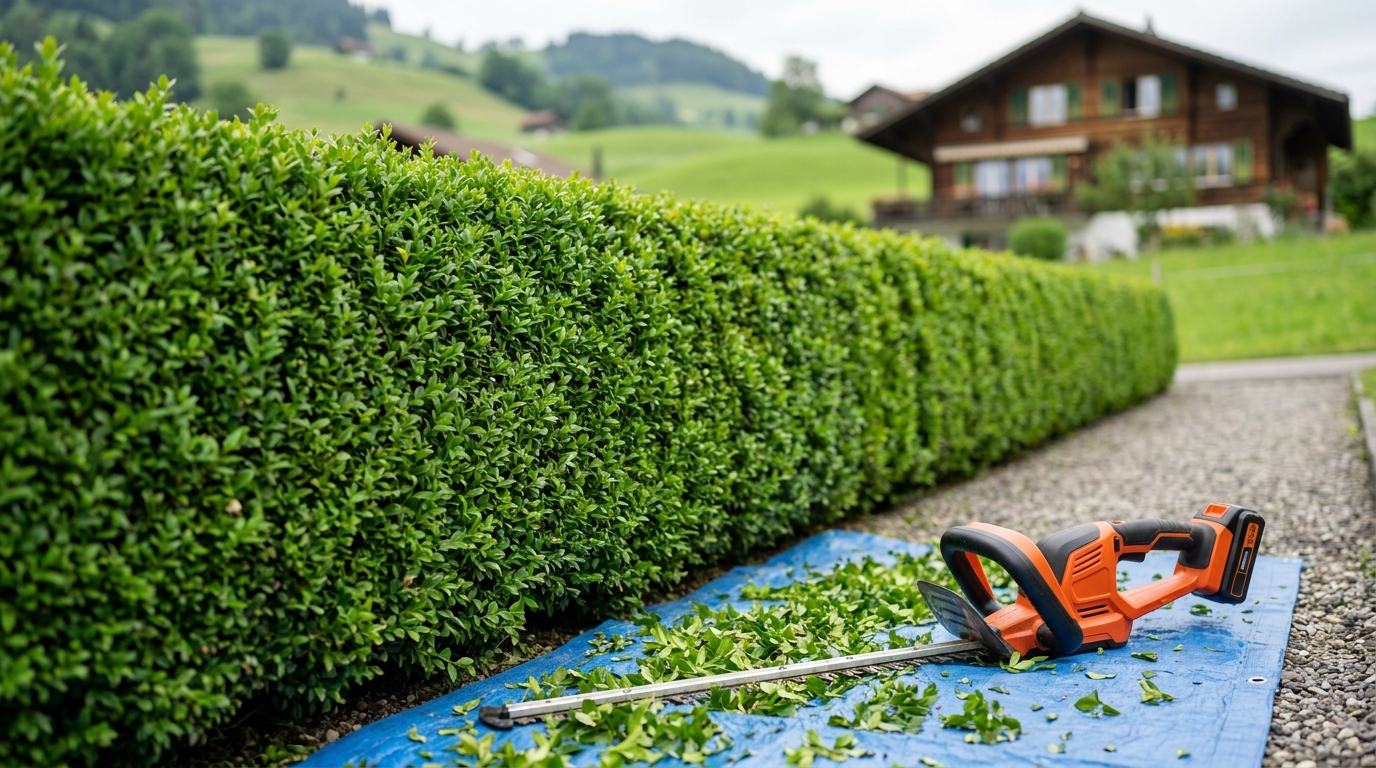 Frisch geschnittene Hecke mit sauberer Kante, davor Heckenschere und Schnittgut auf einer Plane