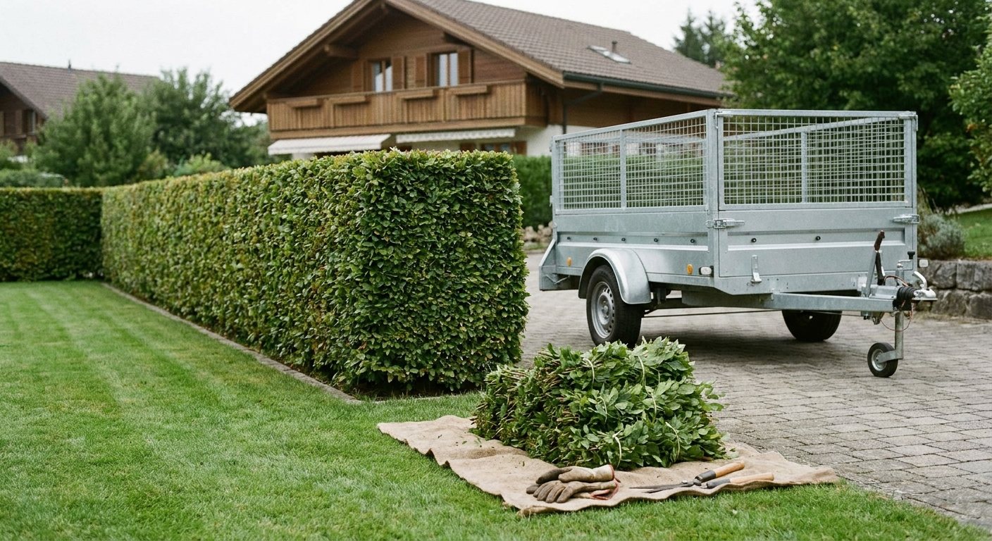 Frisch geschnittene Hecke mit sauberer Kante, daneben gebündelter Grünschnitt auf einer Plane und ein Anhänger auf dem Vorplatz