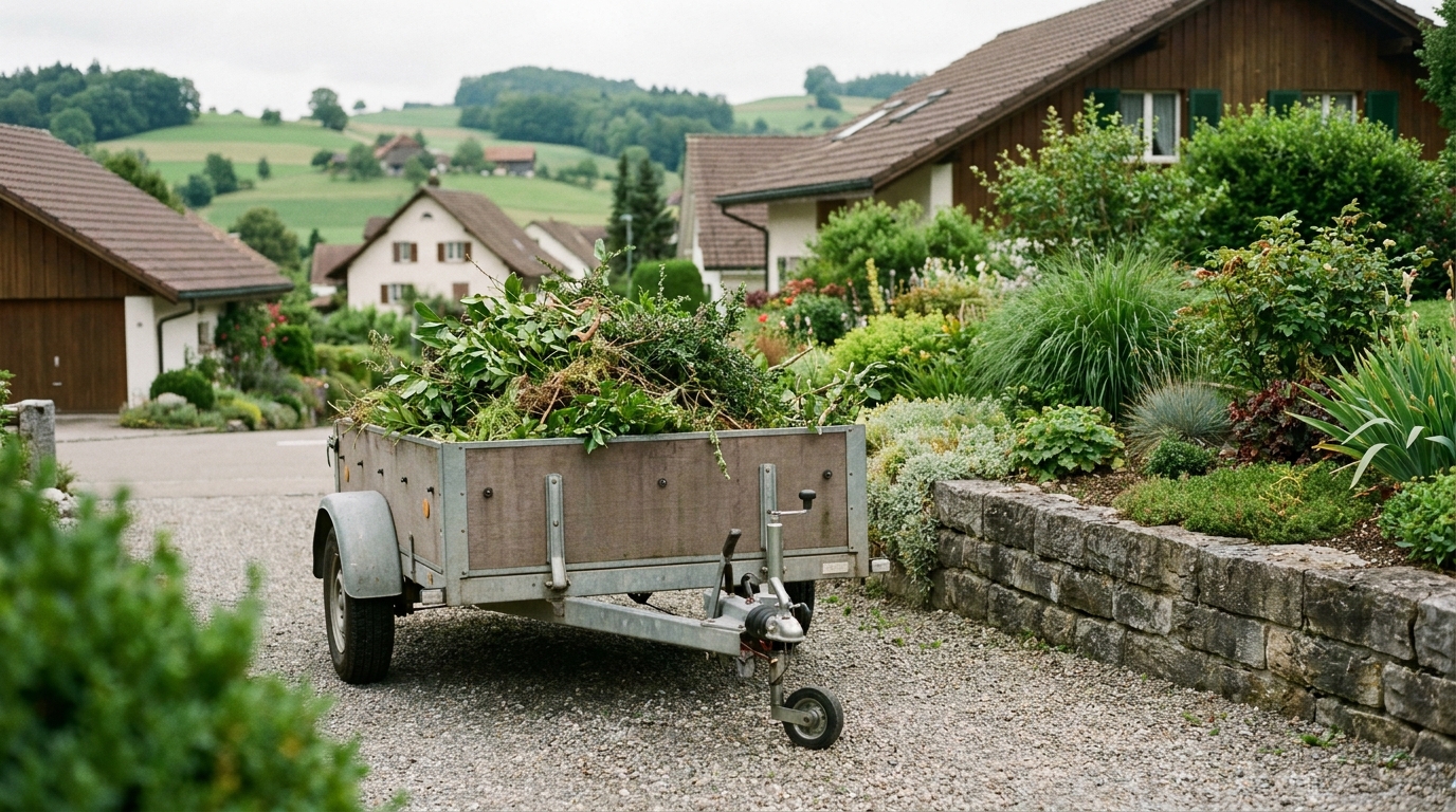 Anhänger beladen mit Grüngut und Astschnitt in einer Wohnstrasse neben einem Garten