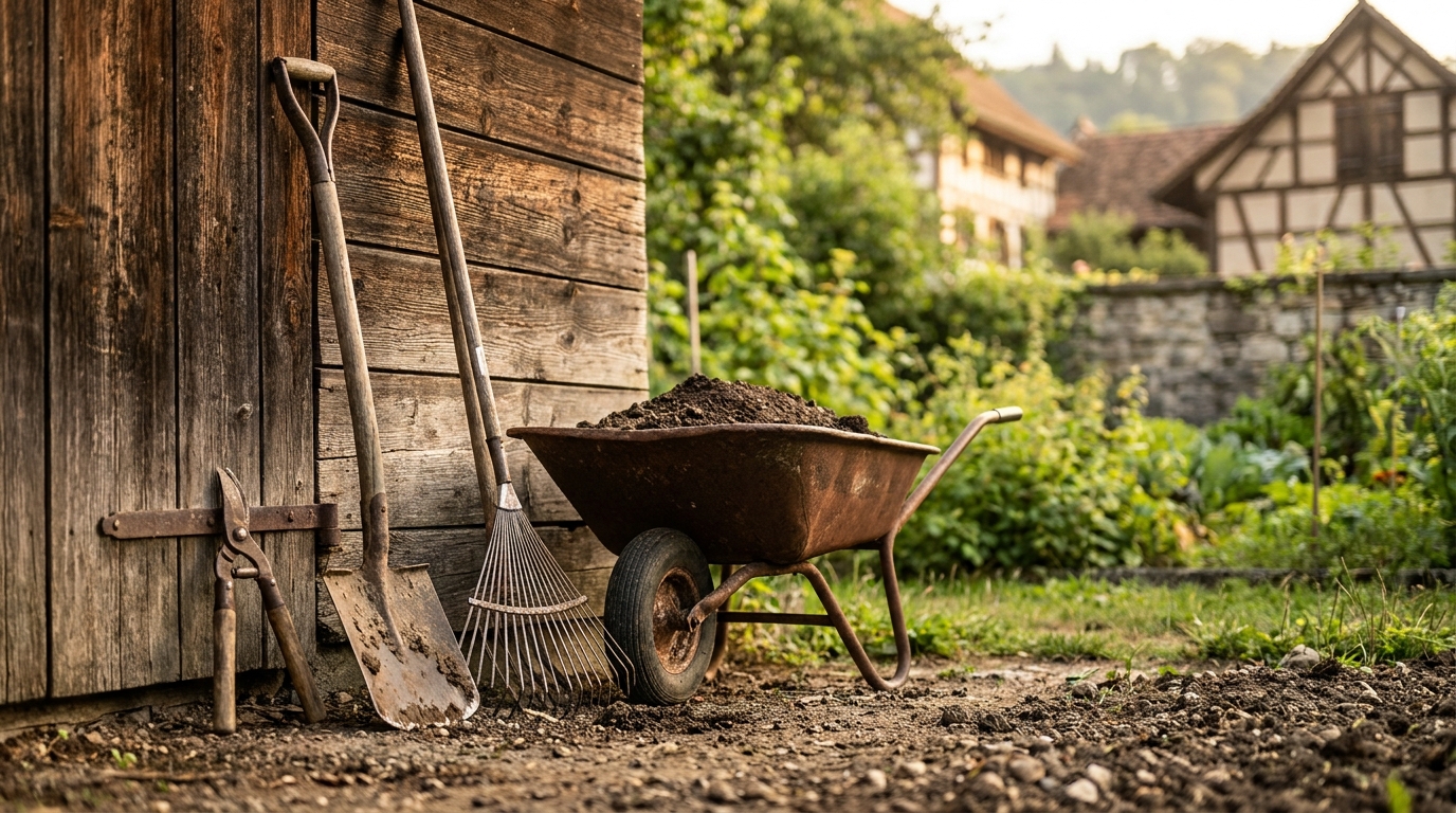Gebrauchte Gartenwerkzeuge an einer Holzwand: Spaten, Rechen und Gartenschere, daneben eine Schubkarre