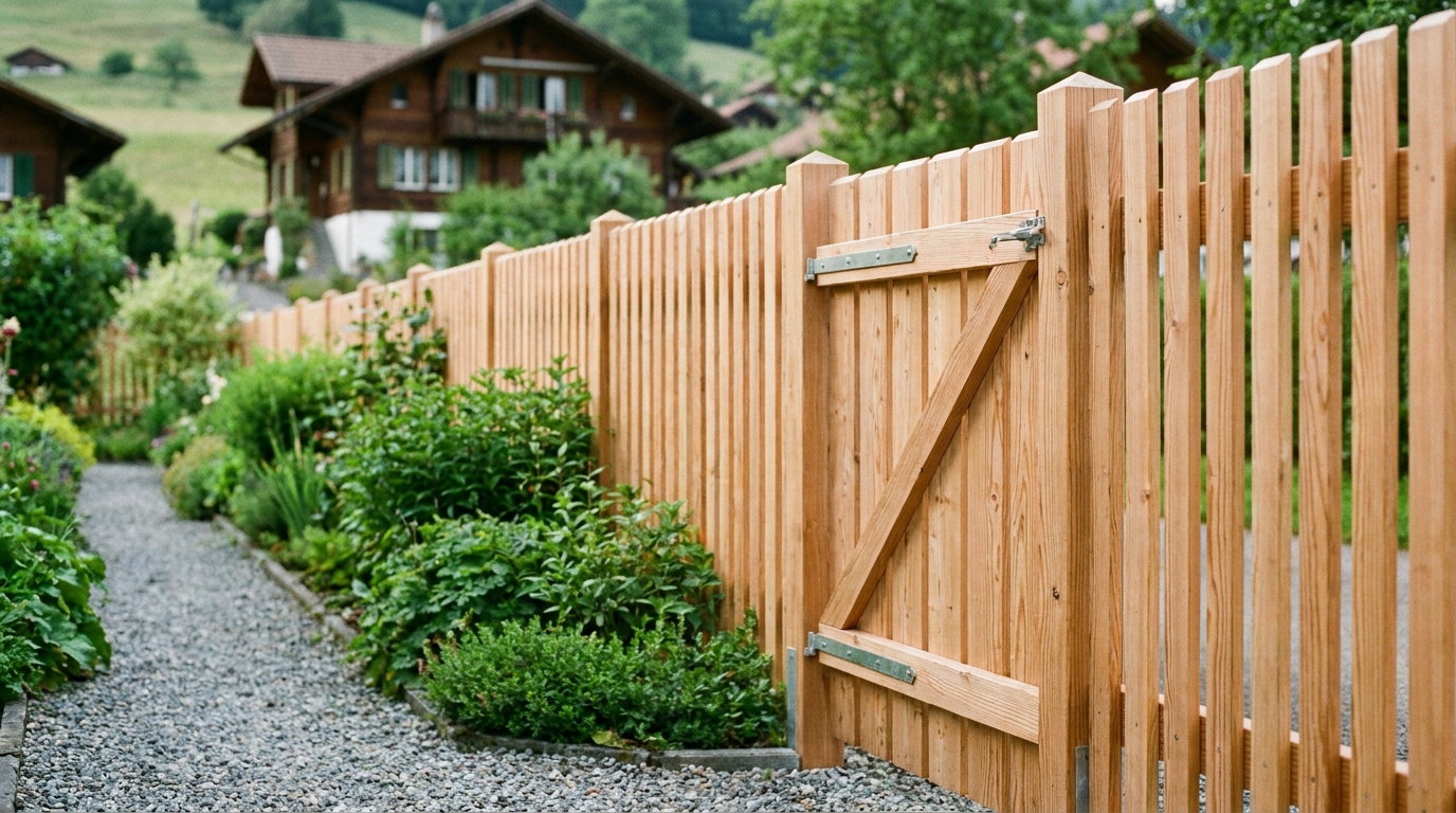 Neuer Holzzaun aus Lärche mit passendem Gartentor entlang einer grünen Gartengrenze